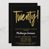 Zwarte Gouden Script 20e Verjaardagsfeest Uitnodig Kaart (Voorkant / Achterkant)
