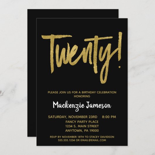 Zwarte Gouden Script 20e Verjaardagsfeest Uitnodig Kaart (Voorkant / Achterkant)