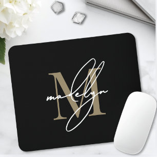 Zwarte Gouden Script Naam Initiaal Monogram Muismat