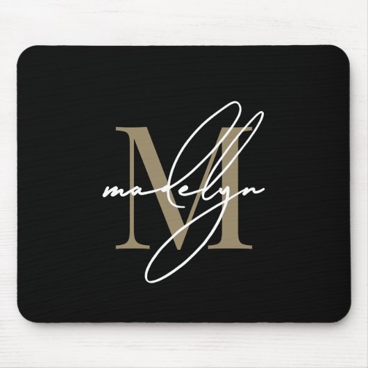 Zwarte Gouden Script Naam Initiaal Monogram Muismat (Voorkant)