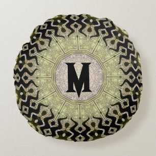Zwarte Gouden Stam Glam Aangepaste Naam Monogram Rond Kussen