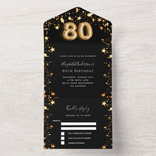 Zwarte gouden sterren 80ste verjaardag RSVP All In One Uitnodiging (Binnen)