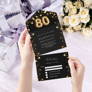 Zwarte gouden sterren 80ste verjaardag RSVP All In One Uitnodiging