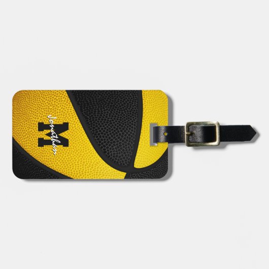 zwarte gouden teamkleuren monogrammen basketbal bagagelabel (Voorkant horizontaal)