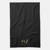 Zwarte & Gouden Tekst Naam Slanke Script Monogram Theedoek (Verticaal)