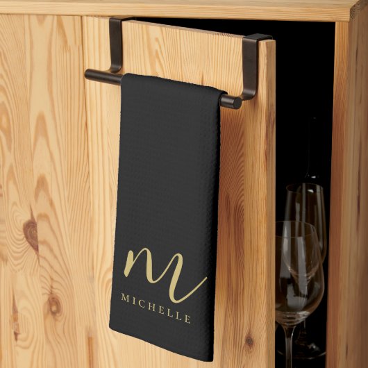 Zwarte & Gouden Tekst Naam Slanke Script Monogram Theedoek (Derde Gevouwen)