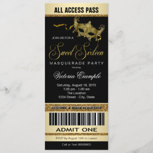 Zwarte Gouden Ticket Stijl Sweet 16 Masquerade Fee Kaart