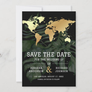Zwarte Gouden Tropische Bestemming Wereldkaart Tro Save The Date