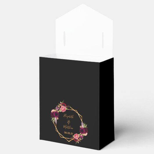 Zwarte goudgeometrische bruinbloemenbruiloft bedankdoosjes (Geopend)