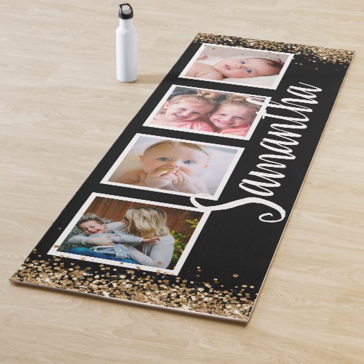 Zwarte goudgilter foto collage, aangepaste naam yogamat (In situ)