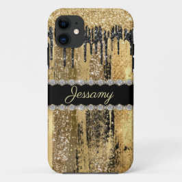 Zwarte goudglitter Bling Driving Diamond Naam iPhone 11 Hoesje