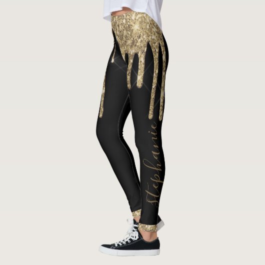 Zwarte goudglitter drip-chic, aangepaste naam leggings (Links)