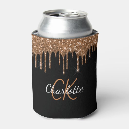Zwarte goudglitter druipt monogram sparkle blikjeskoeler (Blikje Voorkant)