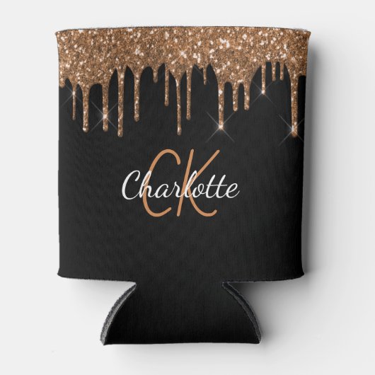 Zwarte goudglitter druipt monogram sparkle blikjeskoeler (Voorkant)