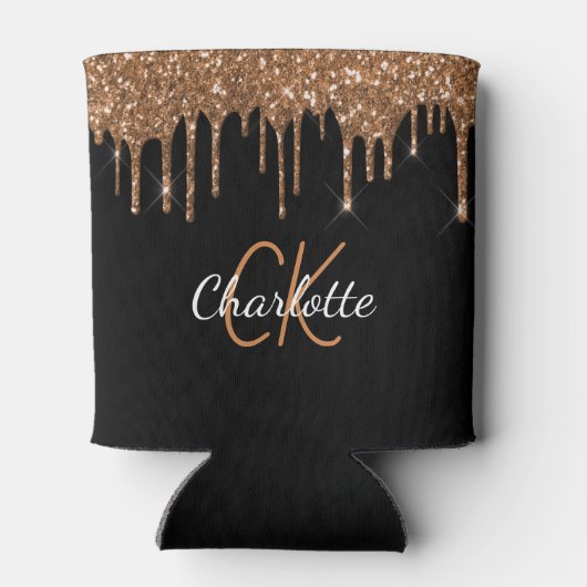 Zwarte goudglitter druipt monogram sparkle blikjeskoeler (Achterkant)