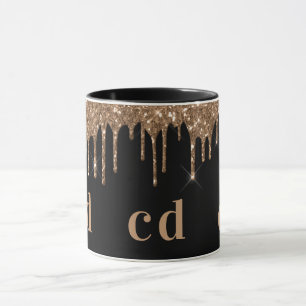Zwarte goudglitter druppelt monogram glans mok