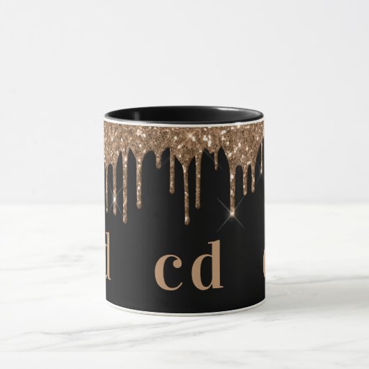 Zwarte goudglitter druppelt monogram glans mok (Midden)