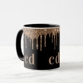 Zwarte goudglitter druppelt monogram glans mok (Voorkant links)