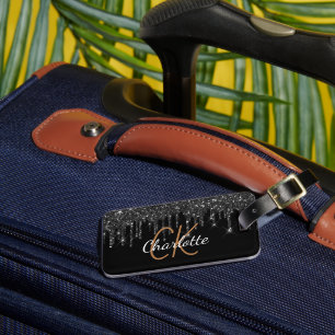 Zwarte goudglitter druppelt monogram naam bagagelabel