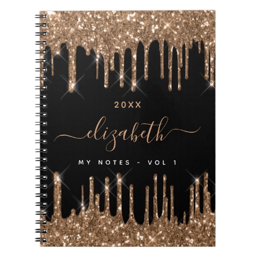 Zwarte goudglitter druppelt monogram naam notitieboek (Voorkant)