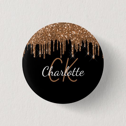 Zwarte goudglitter druppelt op aangepaste monogram ronde button 3,2 cm (Voorkant)