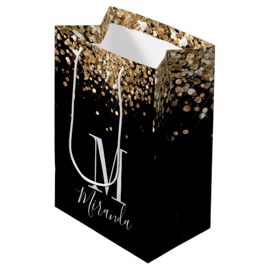 Zwarte goudglitter-monogram, aangepaste naam medium cadeauzakje (Voorkant Gekanteld)