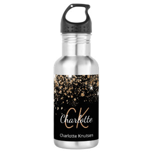 Zwarte goudglitter-monogram, vonkloos waterfles 