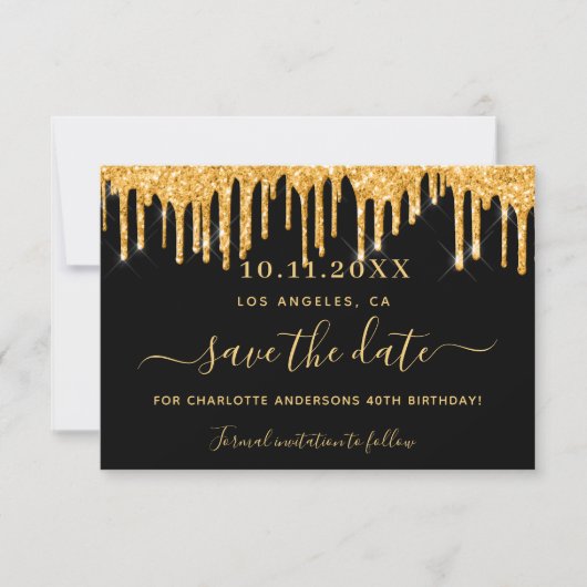 Zwarte goudglitter op feestdag, behalve datum save the date (Voorkant)