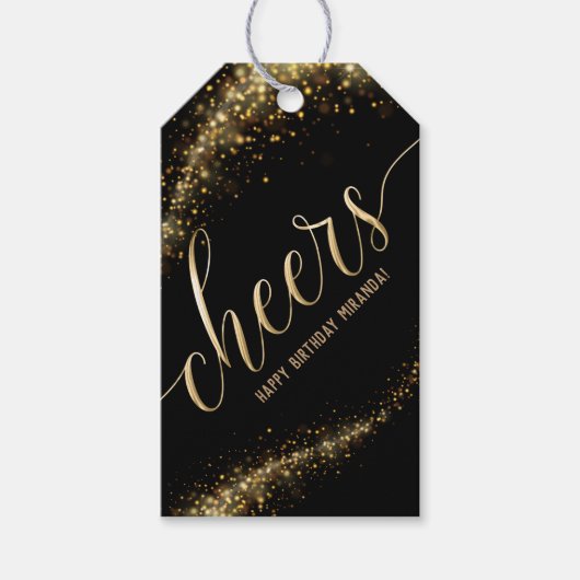 Zwarte goudkleurige goudkaas van afgelopen dag cadeaulabel (Voorkant)