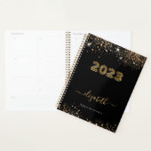 Zwarte goudluipaard dierglittermonogram 2023 planner (Display)