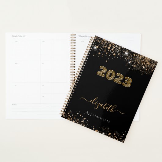 Zwarte goudluipaard dierglittermonogram 2023 planner (Display)
