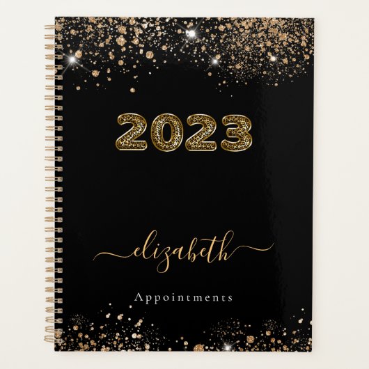 Zwarte goudluipaard dierglittermonogram 2023 planner (Voorkant)