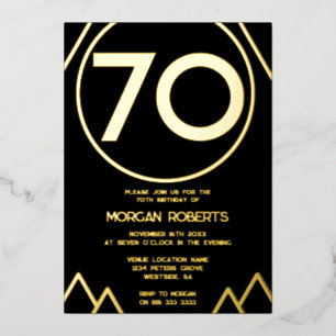 Zwarte & goudmoderne Mannen of vrouwen 70e verjaar Folie Uitnodiging