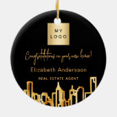 Zwarte goudstad skyline onroerend goed logo keramisch ornament (Achterkant)