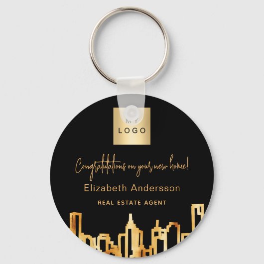 Zwarte goudstad skyline onroerend goed logo sleutelhanger (Achterkant)