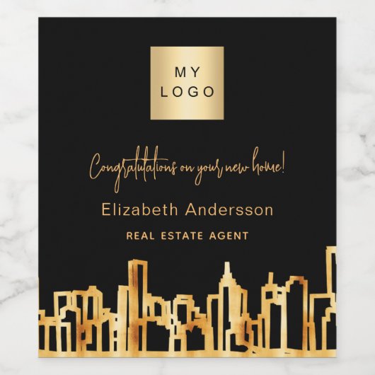 Zwarte goudstad skyline onroerend goed logo wijn etiket (Enkel label)