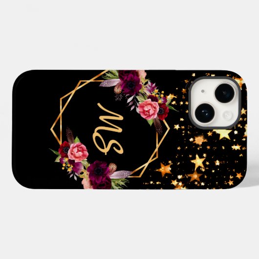 Zwarte goudsterren bloemen bogundy monogram Case-Mate iPhone case (Achterkant (horizontaal))