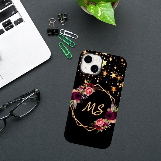 Zwarte goudsterren bloemen bogundy monogram Case-Mate iPhone case