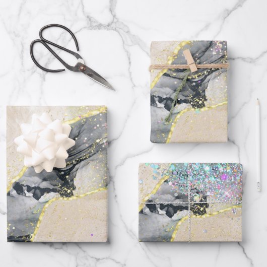 Zwarte goudWaterverf Alcohol Ink Sparkly Glitter Inpakpapier Vel (Voorkant)