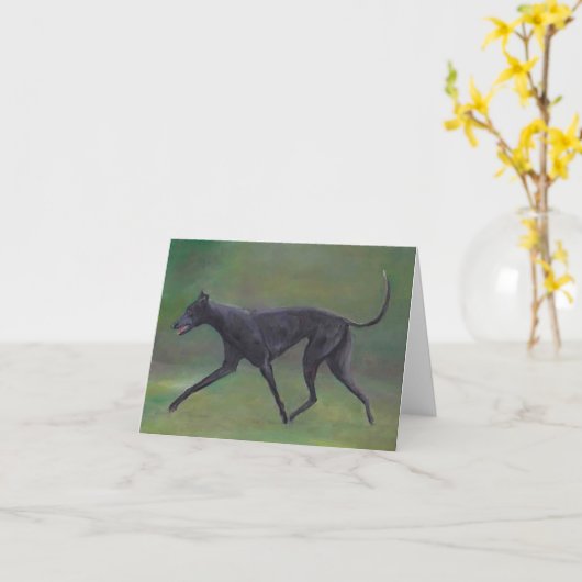 Zwarte Greyhound Trotting Dog Art Note Kaart (Gele Bloem)