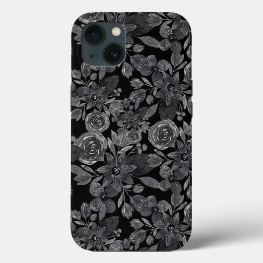 Zwarte Grijze Monochrome Waterverf Floral Leaves Case-Mate iPhone Case (Achterkant)