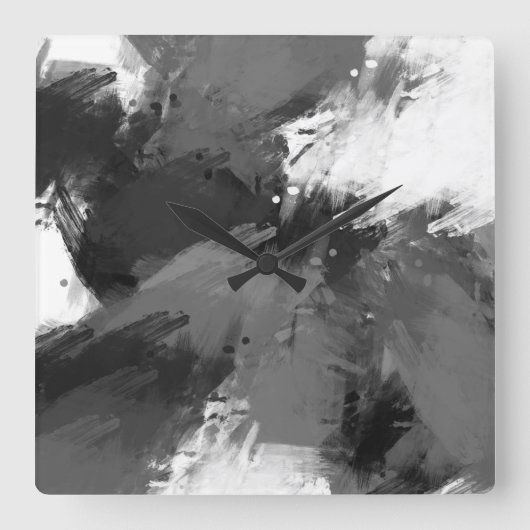 Zwarte grijze witte Abstracte moderne penseelstrek Vierkante Klok (Voorkant)