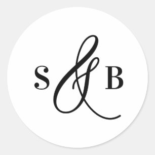Zwarte grillige kalligrafie bruiloft monogram ronde sticker