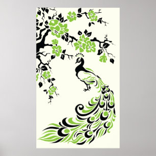 Zwarte groene pauw en poster voor kersenbloesems