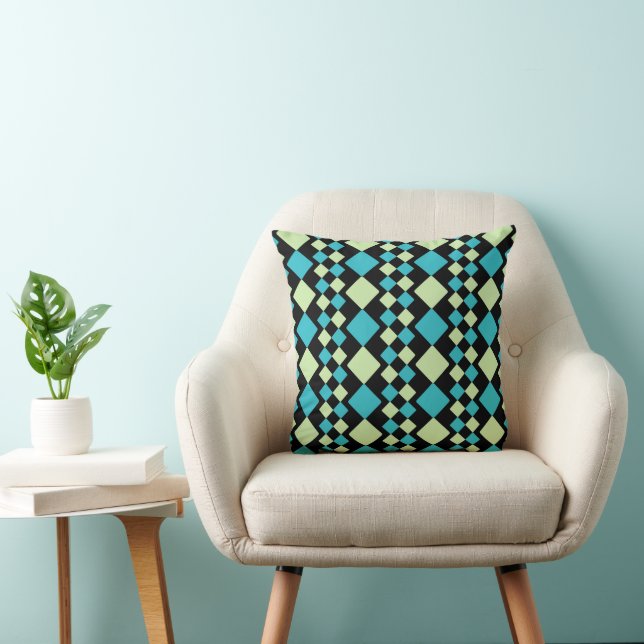 Zwarte groene turquoise-kwadraten geometrisch kussen (Stoel)