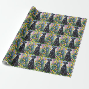 Zwarte Grote Dane Hond Lente Bloemen Schilderij Cadeaupapier