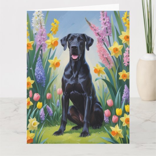 Zwarte Grote Deen Hond Spring Bloemen Schilderen Kaart (Voorkant)