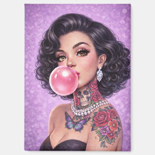Zwarte Haarbubblegum Pin-Up Meisje Magneet – Retro