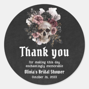 Zwarte Halloween Bloemenschedel Bruidsdouche Ronde Sticker