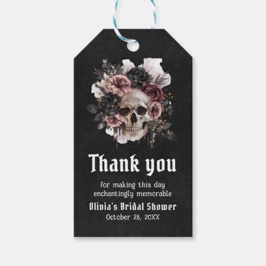 Zwarte Halloween Bloemenschedel Gotische Bruiloft  Cadeaulabel (Voorkant)